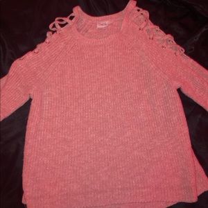 knitted sweater with crossed fabric down arms